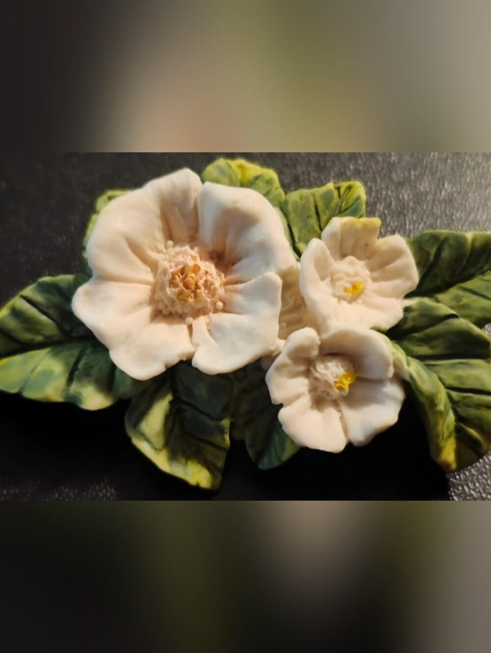 Vintage Hand Painted Ceramic Flower Pin Brooch 3 White Blossoms Made in Taiwan